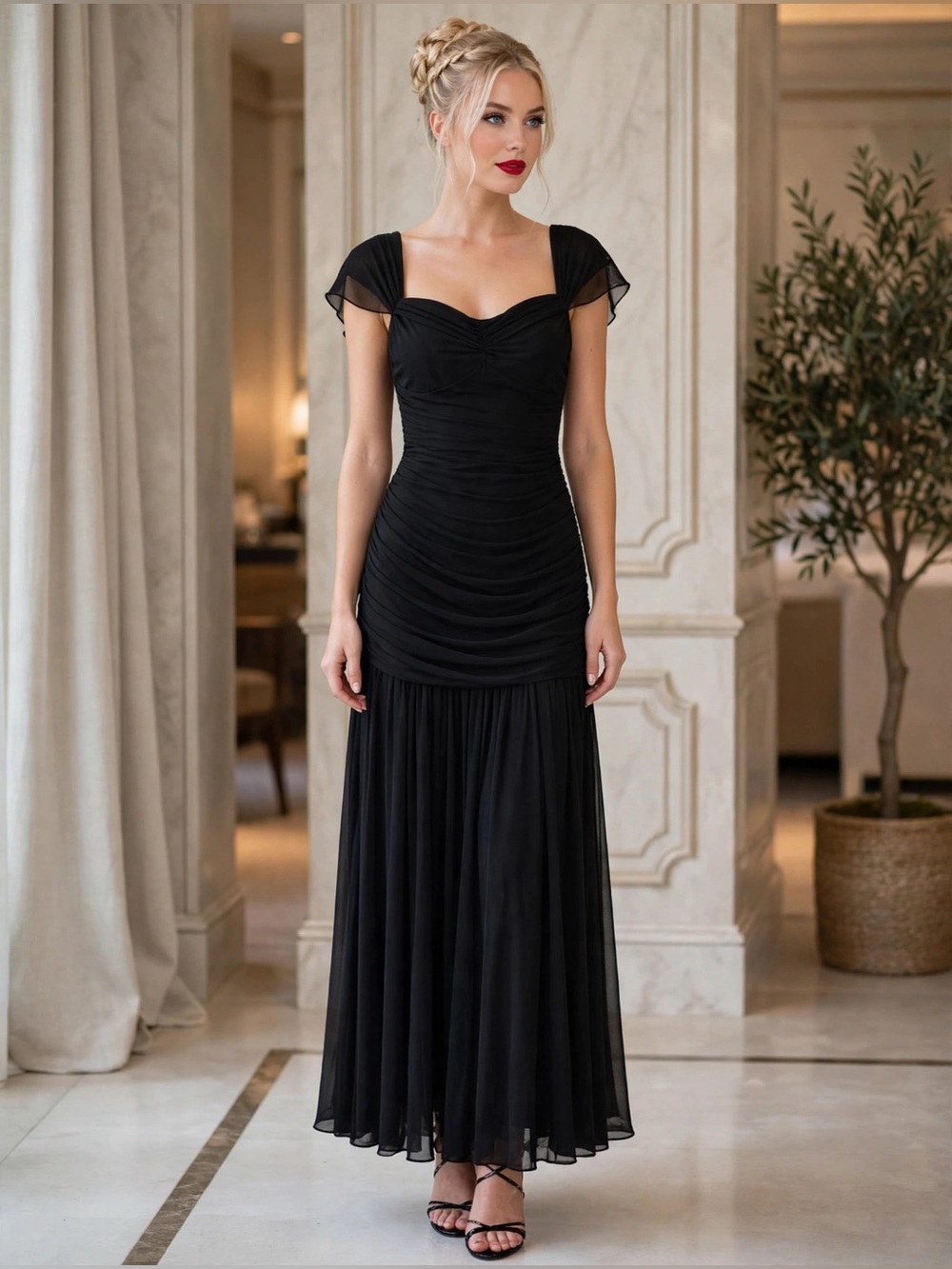 Black Cap-Sleeve Evening Dress